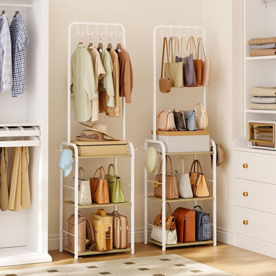Organisateur de sacs à main hauts avec étagères en bois, support de rangement robuste en métal sur pied pour sacs à main, organisateur étroit et de grande capacité pour placard, chambre, petits espaces
