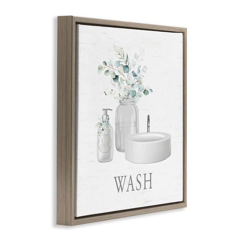 "Fresh Bathroom Sink Botanicals", art mural encadré sur toile flottante, H 18 po x l 18 po, Cadre flottant orme Montalcino
