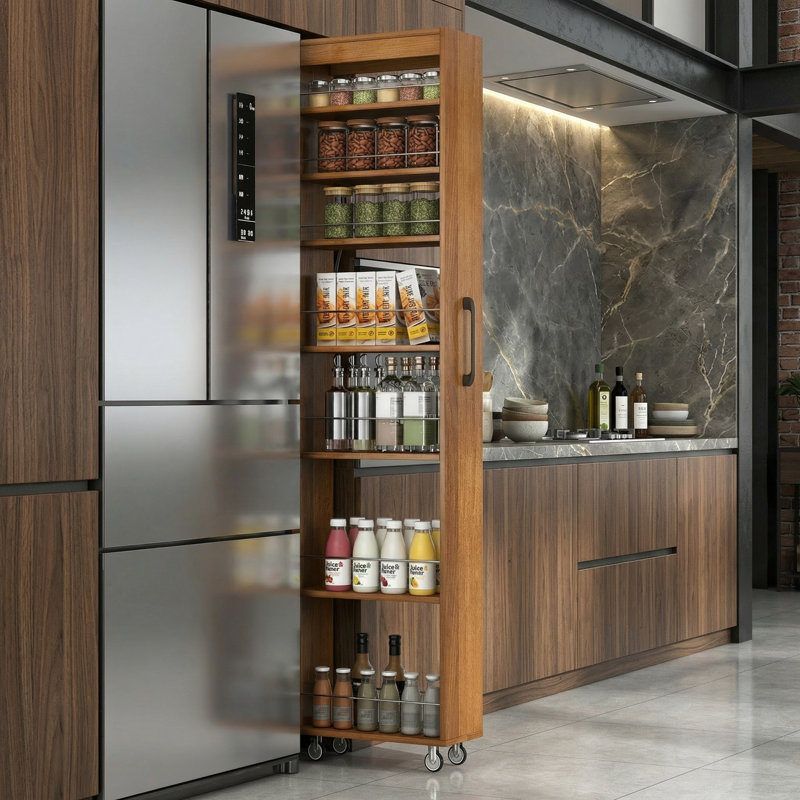 Garde-manger à roulettes 7,8 po ultra-étroit à 7 niveaux pour la cuisine, la buanderie et les petits espaces, Natural