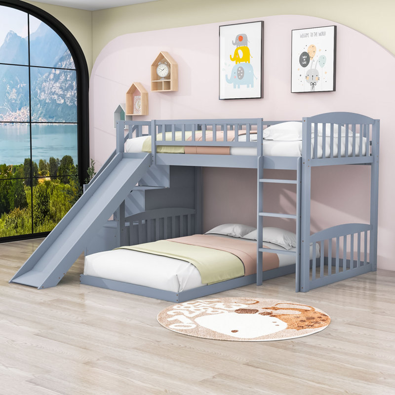 Eutimia Twin Over Twin Wood L-Shaped Bunk Bed with Slide and Storage Staircase, Gray