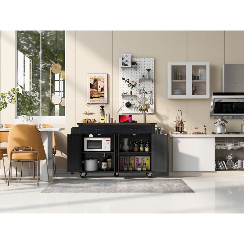53.5''Farmhouse Kitchen Island With Power Outlet, Black