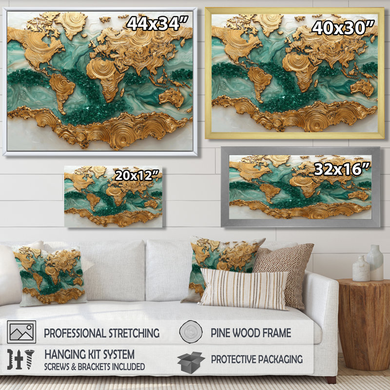Emerald Crystals World Map Wood Slide I - Art mural carte du monde, Reproduction encadrée d'une seule photo, Blanc