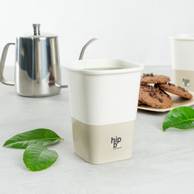 Restaurantware-Hip 2 Be Square 12 Ounce Paper Coffee Cups, 25 Leakproof Reusable Coffee Cups - Lids Sold Separately, PE Lining, White & Taupe Paper Disposable Cup, Hot & Cold Friendly, Single Wall