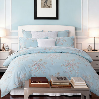  800TC 100% Egyptian Cotton Duvet Cover Set，3pcs Luxury Elegant Floral in Light Blue Shabby Chic Bedding Set, Aesthetic Botanical Pattern for Bedroom Guest Room Student Dorm All Seasons