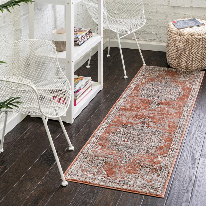 Tapis rose saumon / ivoire / bleu Weingartner, Tapis de couloir 2 pi x 6 pi