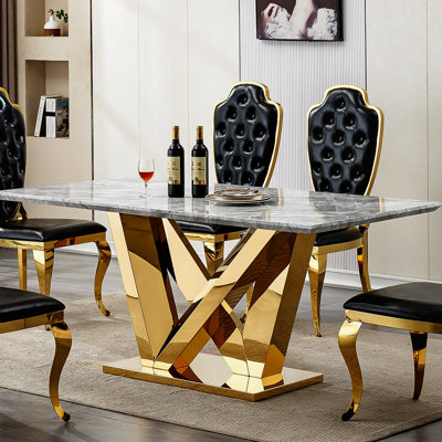 Table de salle à manger en marbre pour 6 personnes, table de salle à manger rectangulaire en faux marbre 70 po avec base en acier inoxydable à finition miroir, table de cuisine moderne en marbre de grande taille (doré) (table unique)