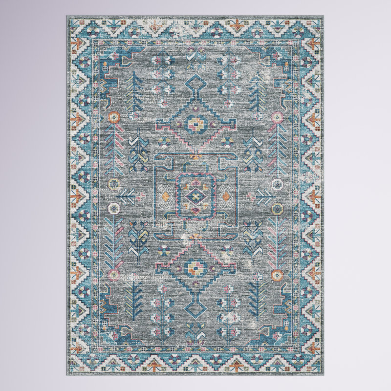 Ducote Washable Gray and Green Machine Woven Area Rug, Rectangle 5' x 7'