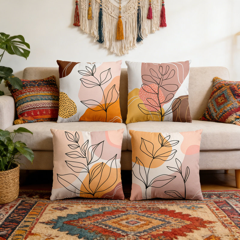 Set Of 4 Square Polyester Pillowcase 17.7*17.7Inch Sofa Pillow Case Bohemian Style Throw Pillow Covers Hidden Zipper Design, B5