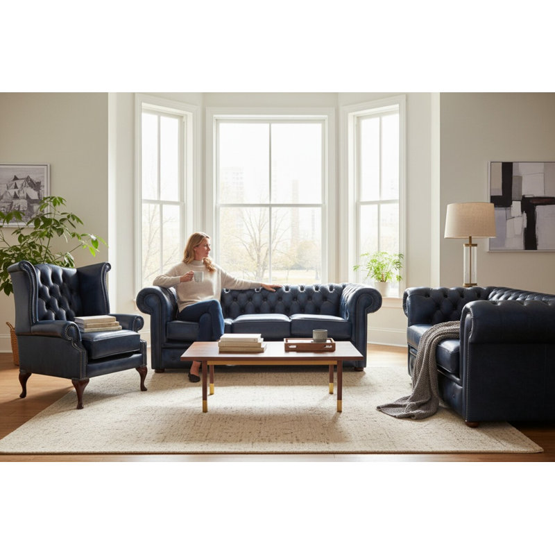 Chesterfield 3 Piece Suite. 3 Seater Sofa + Club Chair + Queen Anne Wing Chair Leather Sofa Suite Offer Antique, Blue
