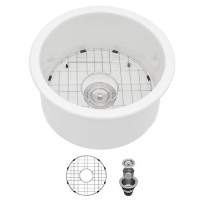 18" Round Ceramic Dual-Mount Kitchen Sink with Sink Grid and Basket Strainer