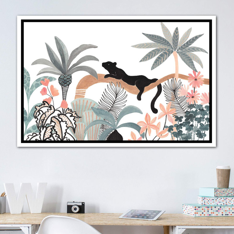 Jaguar dans la jungle, H 40 po x l 60 po x 1,5 po, Toile blanche encadrée