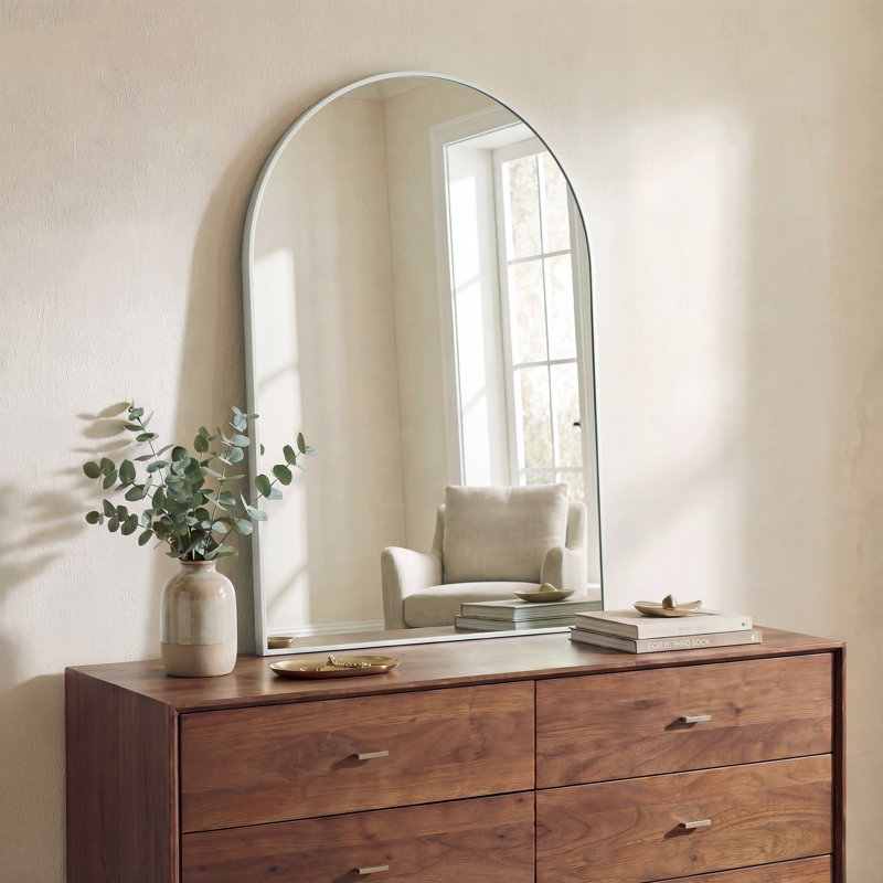 Elodie 28 in. W x 40 in. H Large Arched Aluminum Metal Framed Wall Mounted Bathroom Vanity Accent Mirror, Nickel, Nickel