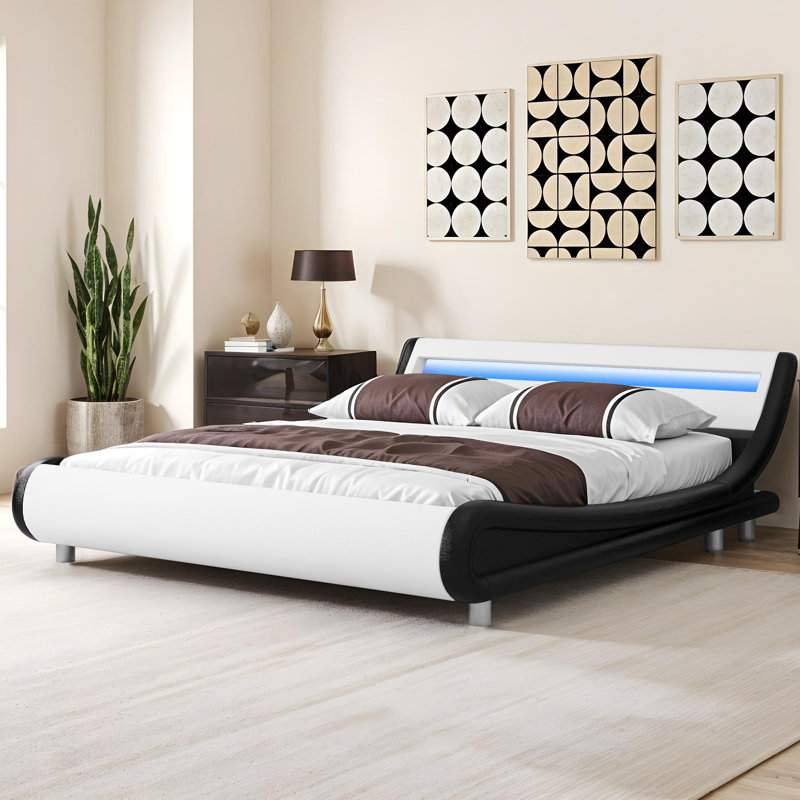 King Bed Frame Upholstered Led Bed Frame With Lights & Storage Charging Station