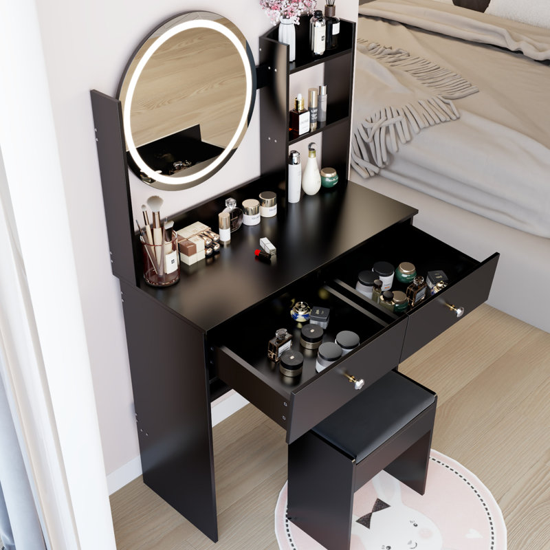 17" Round Led Mirror Dressing Table With Soft Seat, 3 - Color Adjustable Brightness System, Multi Layer High Capacity Storage For Small Office Areas, American Designed Concept, Black Makeup Unit, 6.1