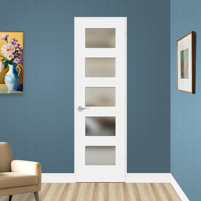 Pre-drilled 80" Height 5-lite Frosted Tempered Glass And Solid Manufactured Wood White Primed Slab Door