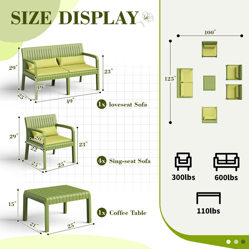 Ensemble de conversation d'extérieur 6 personnes avec coussins et table basse, Vert