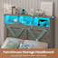 Lit double de style ferme en métal et bois avec porte coulissante en X, tête de lit DEL RVB, station de recharge et pouf de rangement-324743785-324744087
