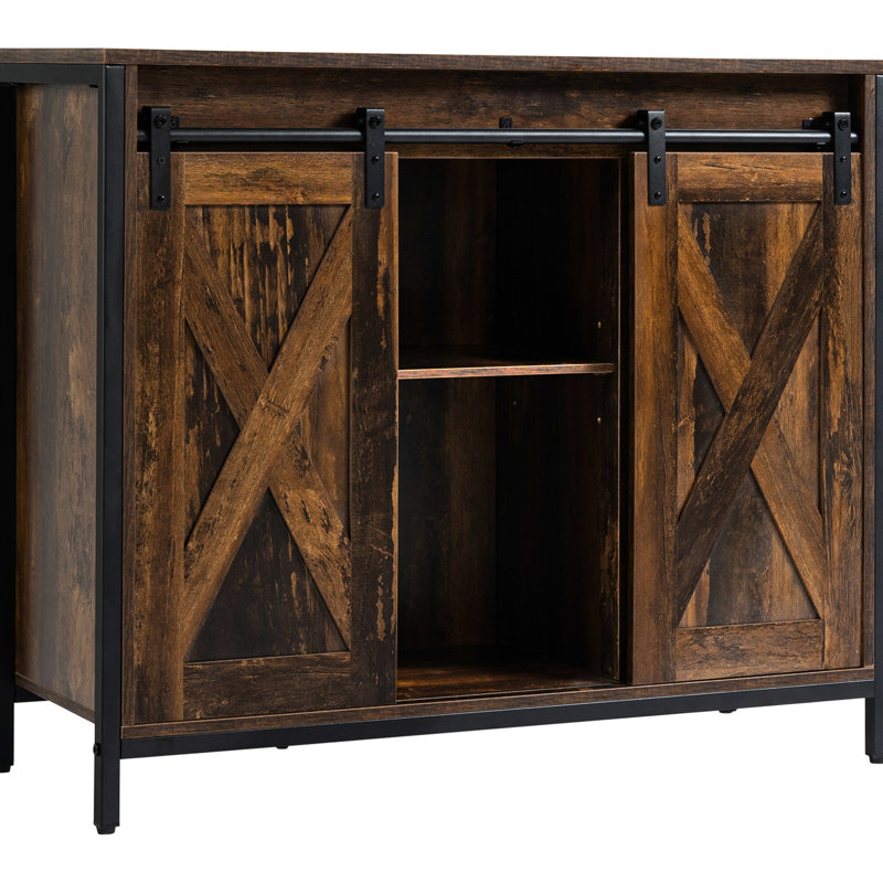 Industrial Sideboard. Rustic Brown Finish. Cabinet With Sliding Barn Doors And Adjustable Shelves For Storage. Living Room, Home Bar. 35.5" W X 13.5" D 30" H Sideboard Buffet . Brown. Storage Door.