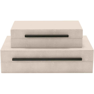 Set Of 2 Ivory Shagreen Decorative Boxes With Black Metal Handles, Faux Leather Jewelry Boxes Modern Storage Boxes Photo Boxes Memory Boxes Home Organizer Box(Ivory)