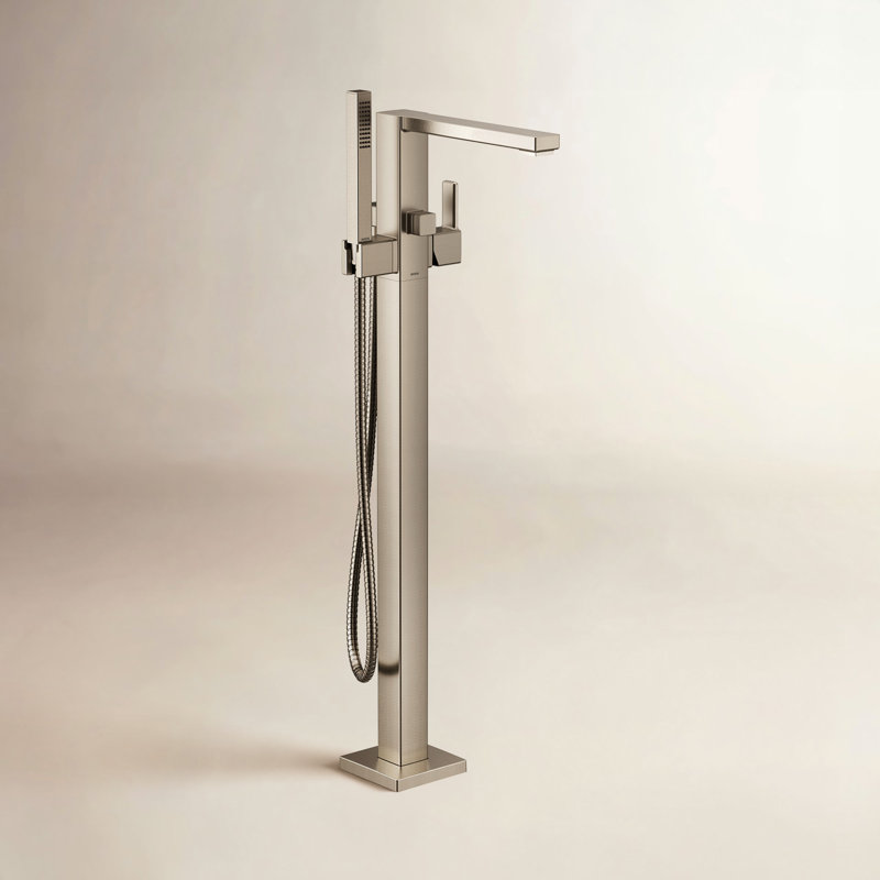 Baignoire à fixation au sol à poignée simple 90 degrés avec douche à main, Nickel brossé