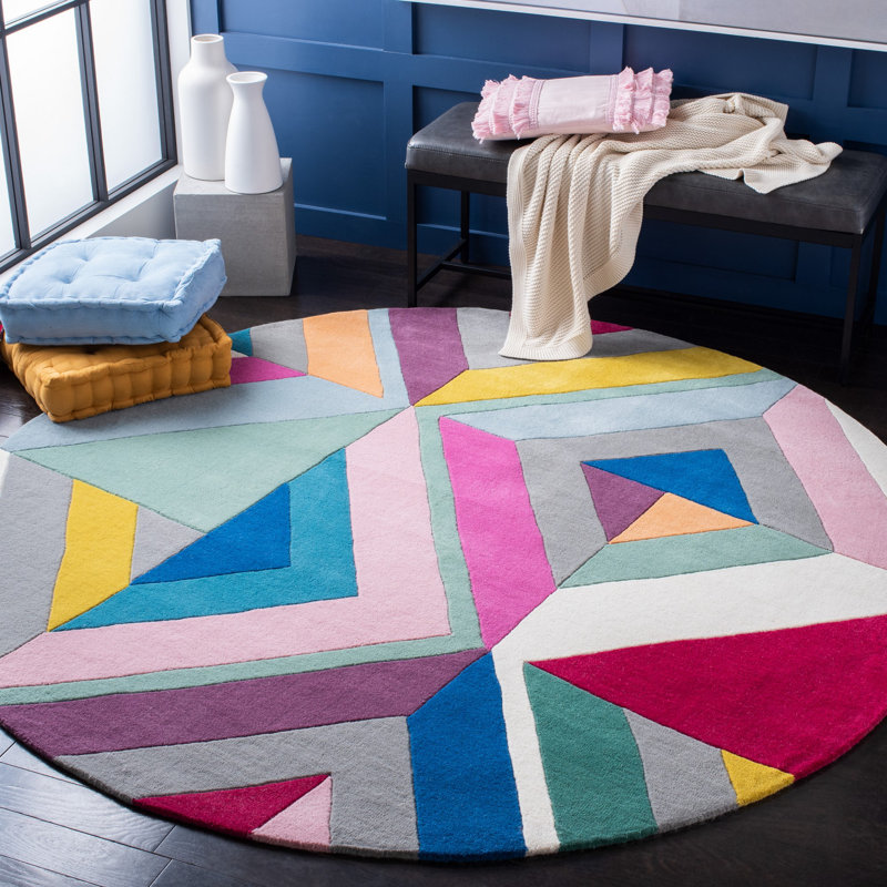 Harsirat Handmade Hand Tufted Wool Gray/Pink/Yellow Rug, Round 7'