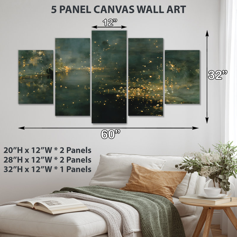 Curious Fireflies At Night - Fireflies Wall Art for Living, Nature, impression sur toile 5 panneaux