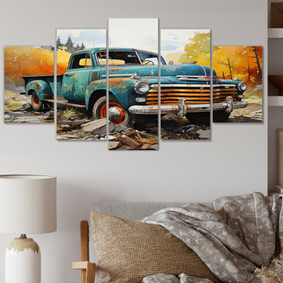 'Teal Vintage Pickup Automn Offroad I - Transportation Canvas Print - 5 Panels