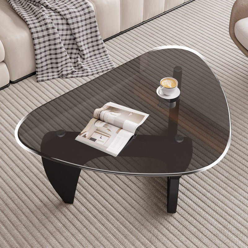 Table basse moderne triangulaire, plateau en verre trempé et base en bois courbé pour le salon, Black, Gray Glass