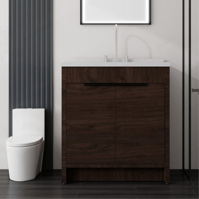Meuble-lavabo autoportant de 91 cm avec lavabo, porte à fermeture amortie, comptoir et dosseret en marbre synthétique blanc de Carrare de 5 cm, contreplaqué
