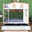 Lit superposé en forme de maison avec tablettes ouvertes intégrées et crochets latéraux, lit superposé en bois avec lit gigogne-1575838866