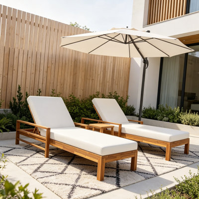 2-Piece Outdoor Acacia Wood Chaise Lounge Set, Adjustable Patio Recliners For Poolside, Garden & Terrace