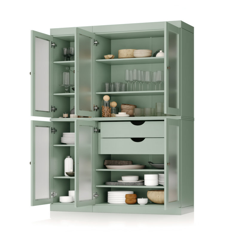 Garde-manger 100% bois massif 48,5 po avec portes en verre givré, 2 tiroirs et tablettes réglables, Sauge
