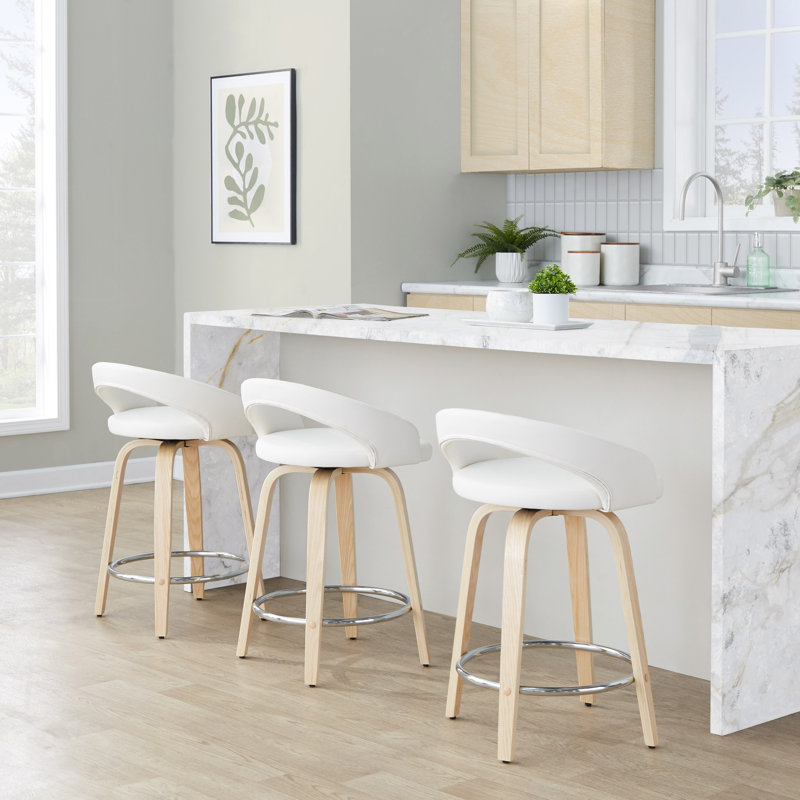 Laurenzio Upholstered 24" Fixed-Height Faux Leather Counter Stools (Set of 2), Natural/Chrome, White Faux Leather