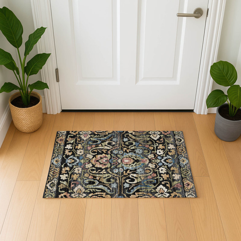 Premium Machine Washable Mayfield AMF2193 floral Rug, 1'8" x 2'6", Black