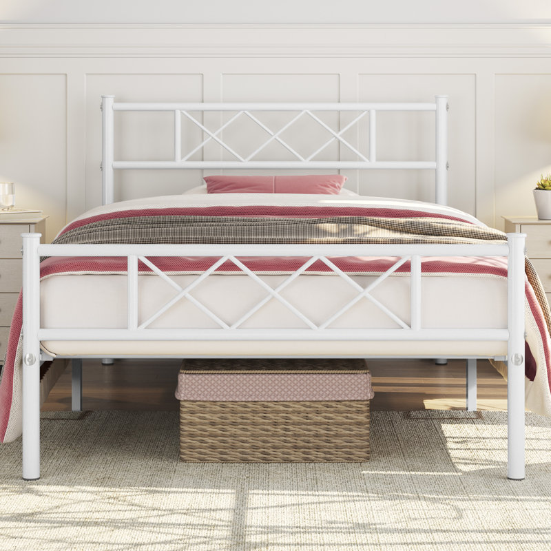 Modern Metal Bed Frame with Cross-design Headboard & Footboard, Single (3'), White