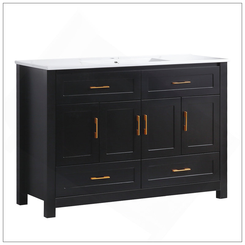 Meuble-lavabo polyvalent avec lavabo en céramique, armoire de rangement abondante - 4 portes à fermeture douce et 4 tiroirs