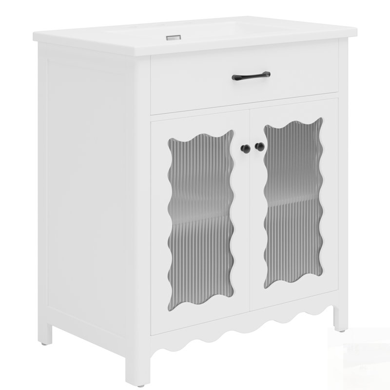 Meuble-lavabo moderne avec verre trempé, portes à fermeture douce et pieds en bois d'hévéa durables, parfait pour les solutions de rangement élégantes.
