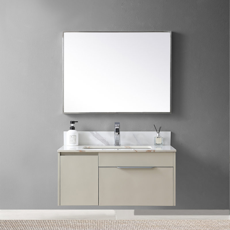 Dessus de meuble-lavabo en pierre Montary de 31 pouces de couleur Carrara avec lavabo en céramique encastré et trou de robinet simple avec dosseret