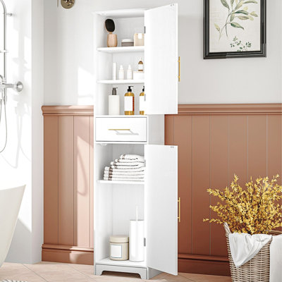 Tall Bathroom Storage Cabinet, Floor Cabinet with 2 Doors, 4 Adjustable Shelves, Narrow Tall Corner Cabinet, Bathroom Organizer with Adjustable Shelf for Kitchen, Living, White