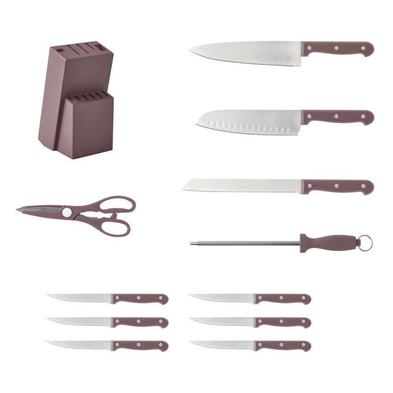 Ensemble de 12 couteaux de cuisine en acier inoxydable avec bloc de bois Basic Essentials, Mauve