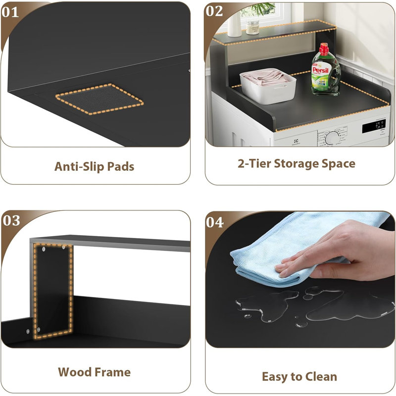 2-Tier Washer Dryer Top Organizer, Anti-Slip Laundry Room Storage Shelf With Sturdy Wood Frame