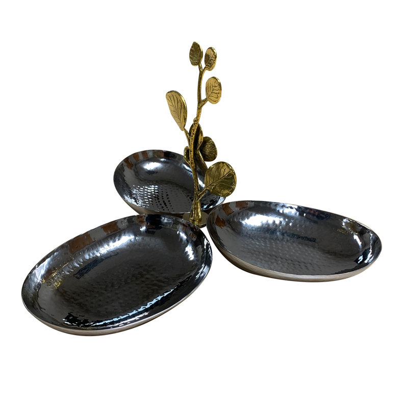 Everly Quinn 3-Bowl Stainless Steel Condiment Server with Orchid Handle for Christmas Gift and decor