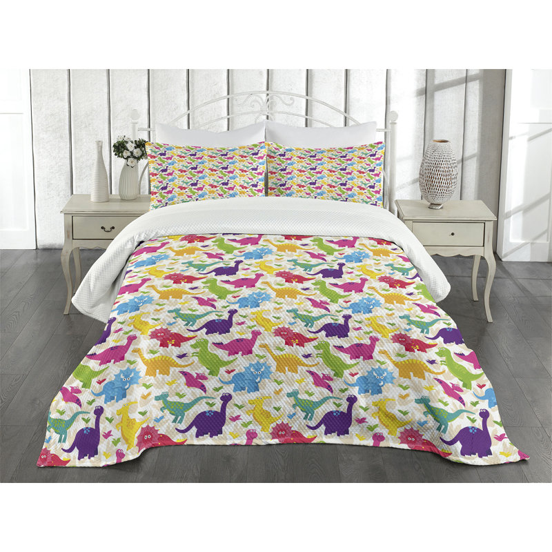 Queen White Dinosaur Quilted Bedspread Set with Shams