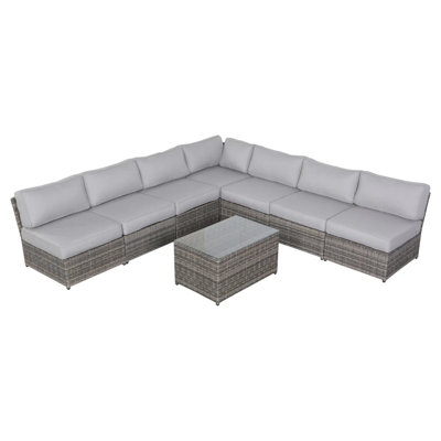 Fully Assembled 8 - Piece Patio For 6, Wrapped Aluminum Frame, 5" Seat Cushions, Machine Washable Zippered Covers, Rearranged Sectional Configuration 6 Person Seating, With 7 Modular And Glass Top