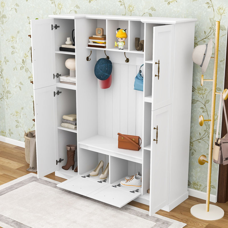 Wood Hall Tree with Side Cabinets, Adjustable Shelves, 5 Hooks and Bench, White