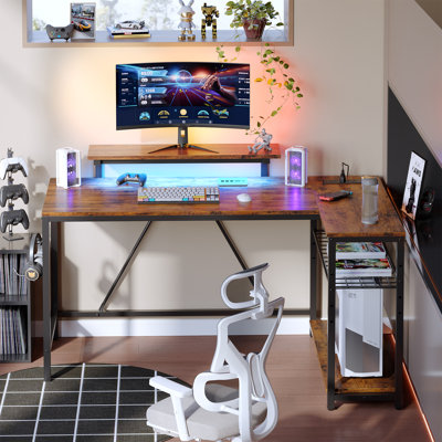 Nedyo 52'' W L-Shaped Computer Desk with Power Outlet, LED Gaming Work Desk with Shelves