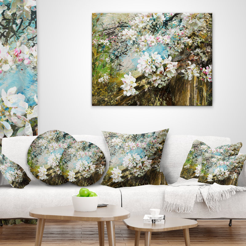 Pommier en fleurs avec fleurs blanches - coussin à imprimé floral, 16 po x 1 po, Coussin décoratif