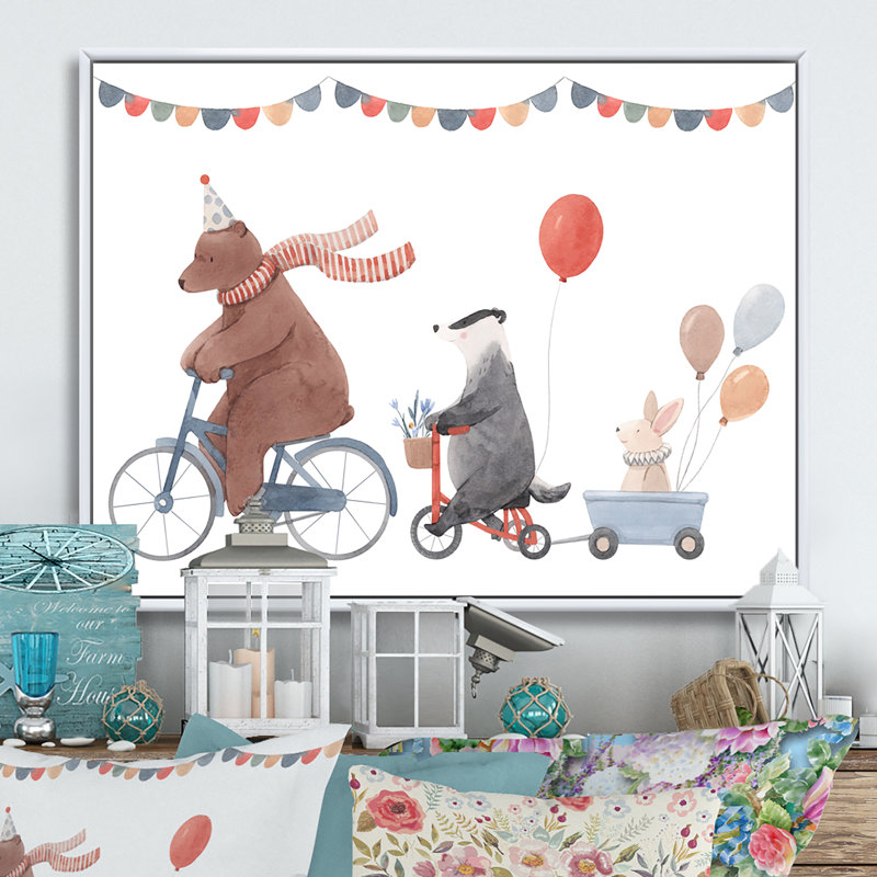 Animaux mignons à bicyclette, H 16 po x l 32 po x P 1 po, Cadre flottant blanc