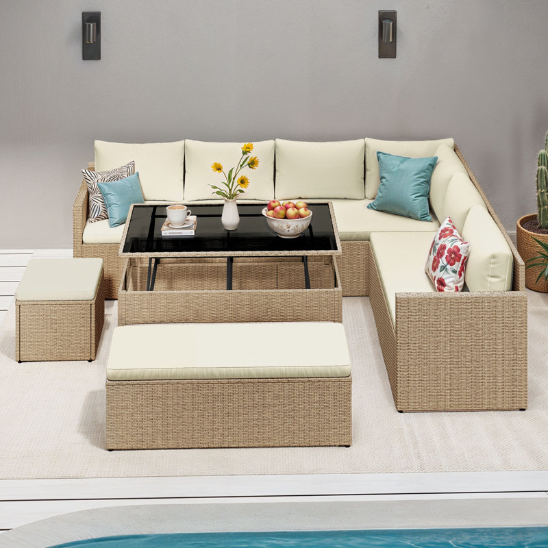 6 Pcs Navy Blue L-Shaped Patio Furniture Set All Weather Wicker Outdoor Sectional Sofa Conversation Set, Natural, Beige