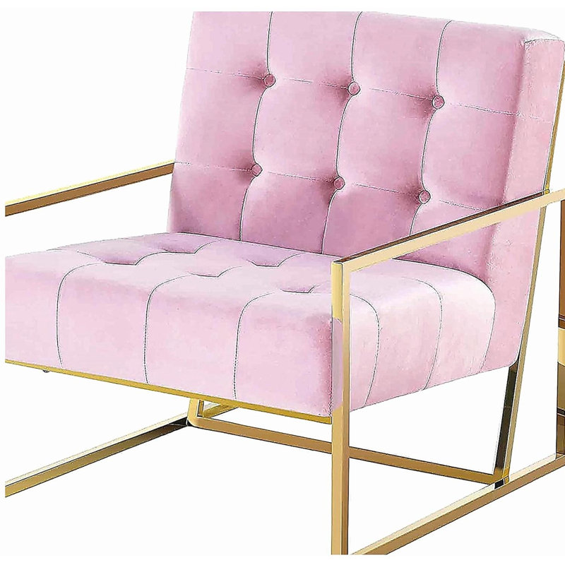 Living Room Accent Chair with Gold Metal Frame, 1Pc Velvet Tufted Armchair, Pink, Pink, Gold